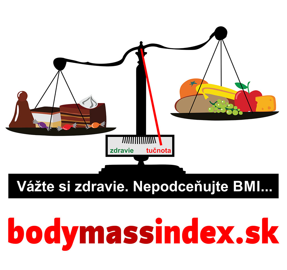 Strážte si svoje BMI zdravou stravou. Na obrázku je váha kde na jednej strave sú koláže a na druhej ovocie a zelenina. Váha je prevážená tak, že ukazuje smerom na obezitu, pretože koláče sú ťažšie.